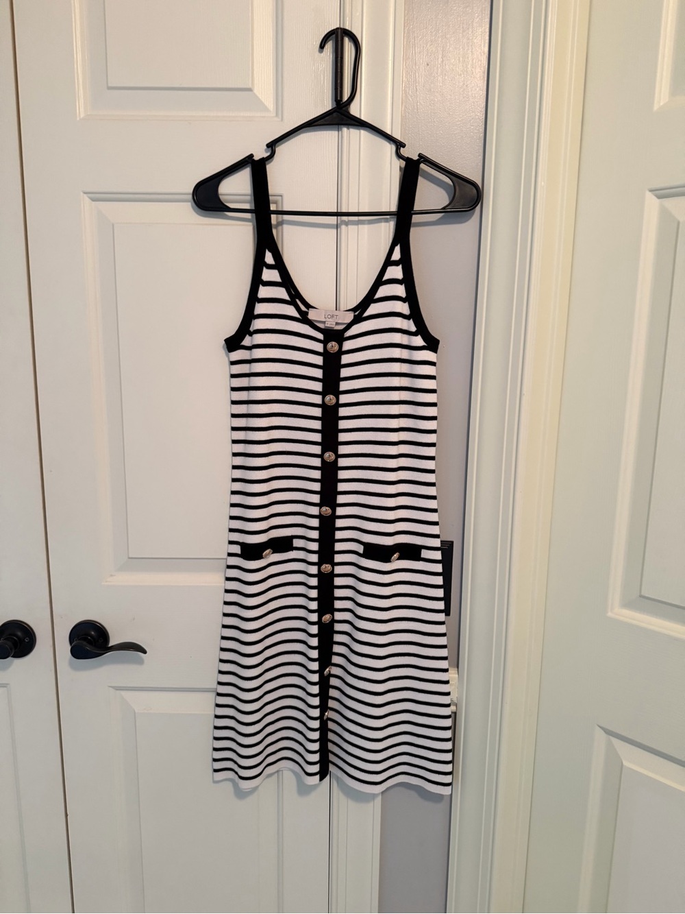 LOFT Black and White Striped Button-Front Tank Dress